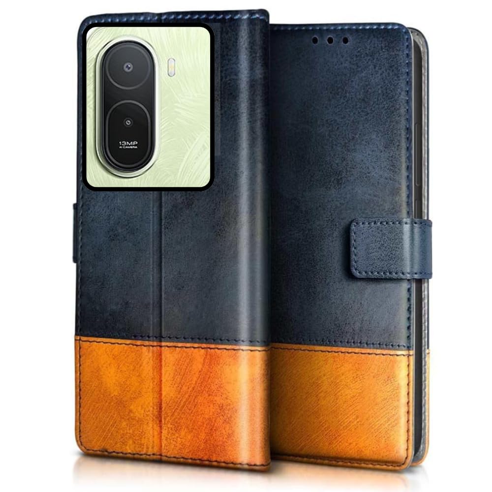 Leather Flip Case Cover Compatible with Back case Cover for Redmi A7 Pro 5G |Dual Colour| Hand-Stitched Leather Finish| Lightweight| Inbuilt Card Pockets|(Blue with Mango)
