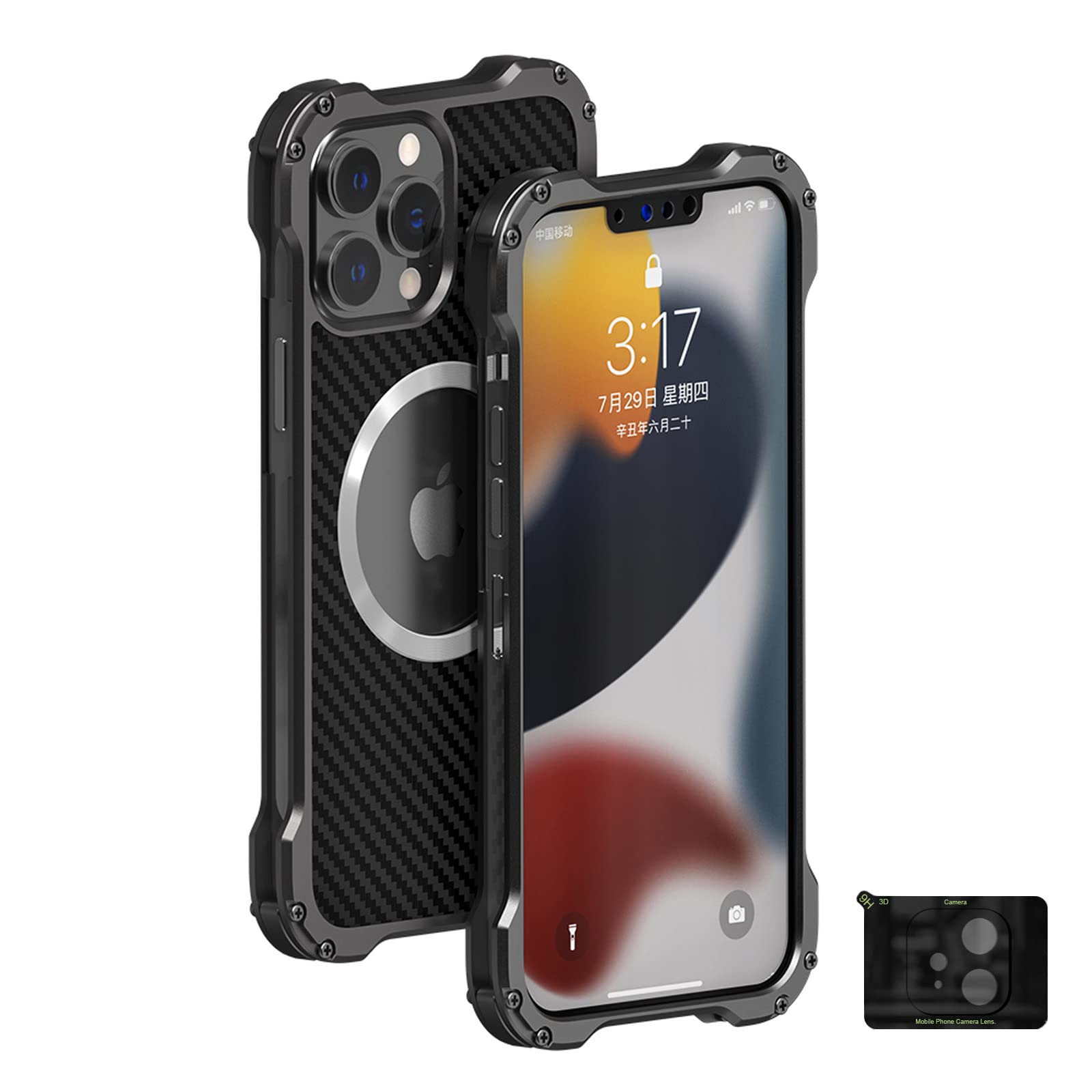 Funda para iPhone 12/12 Pro/12 mini/12 Pro MAX, Aspecto de Fibra de Carbono Carcasa Protectora Antigolpes Negro, con Protector de Lentes de Cámara Compatible con Accesorios MagSafe