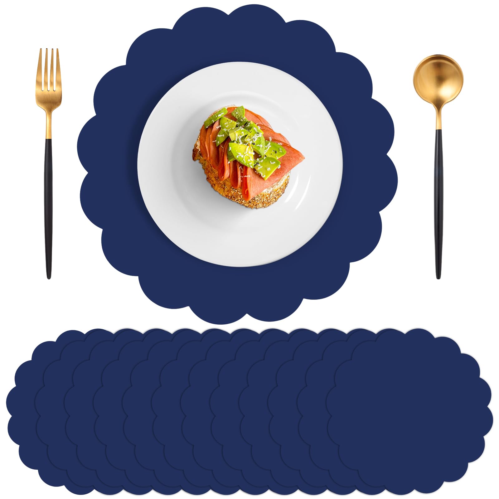 Photo 1 of 120 Pcs Navy Blue Paper Placemats, 13.5 Inch Disposable Scalloped Placemat Round Table Place Mats Decorative Paper for Birthday Wedding Banquet Holiday Graduation Celebration Party