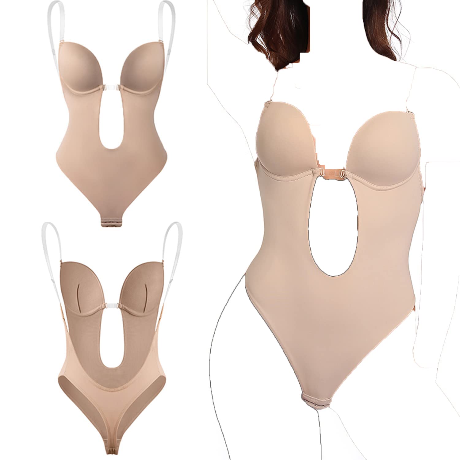 Backless Body Shaper Bra, Bodysuits Seamless Thong, Women's Deep V-Neck Clear Strap for Parties, Dresses, Wedding（Khaki）