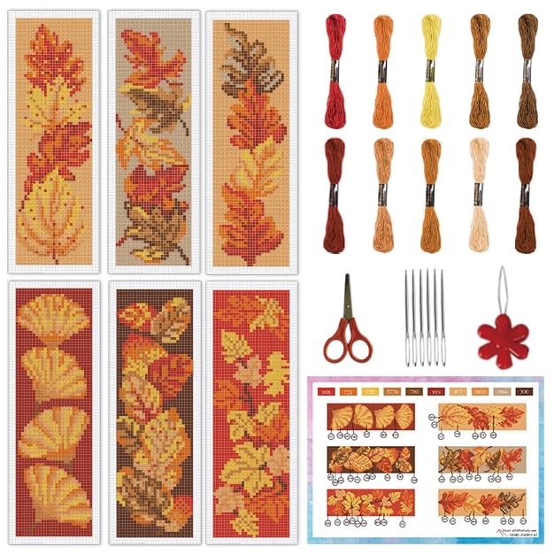 Image of INFUNLY 6PCS Falling Leaf Cross Stitch Bookmark Kit for Adults Autumn Cross Stitch Kits DIY Crossstitch Kits Maple Leaves Stamped Embroidery Bookmark Kit with Instructions for Book Lovers Readers