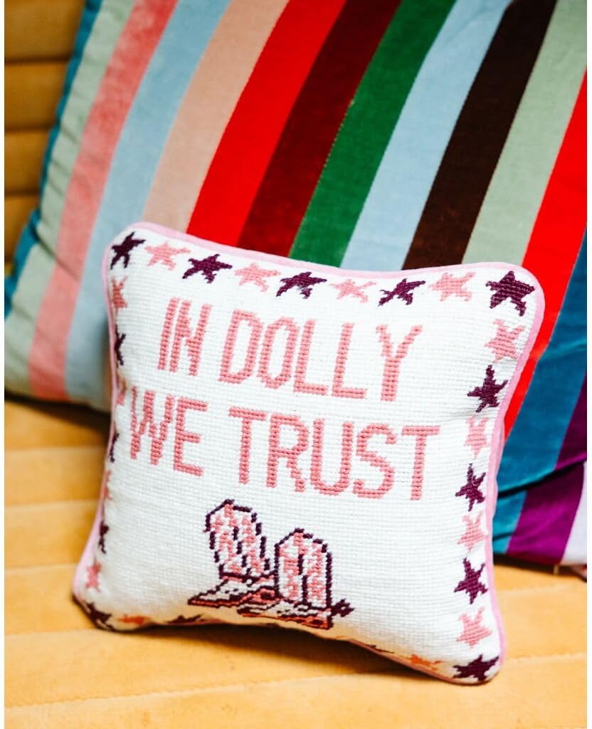 FURBISH Needlepoint Decorative Throw Pillow - Trust Dolly - 11" x 11" - Small Embroidered Accent Pillow for Bed, Chair, Couch, Sofa - Eclectic Home Decor