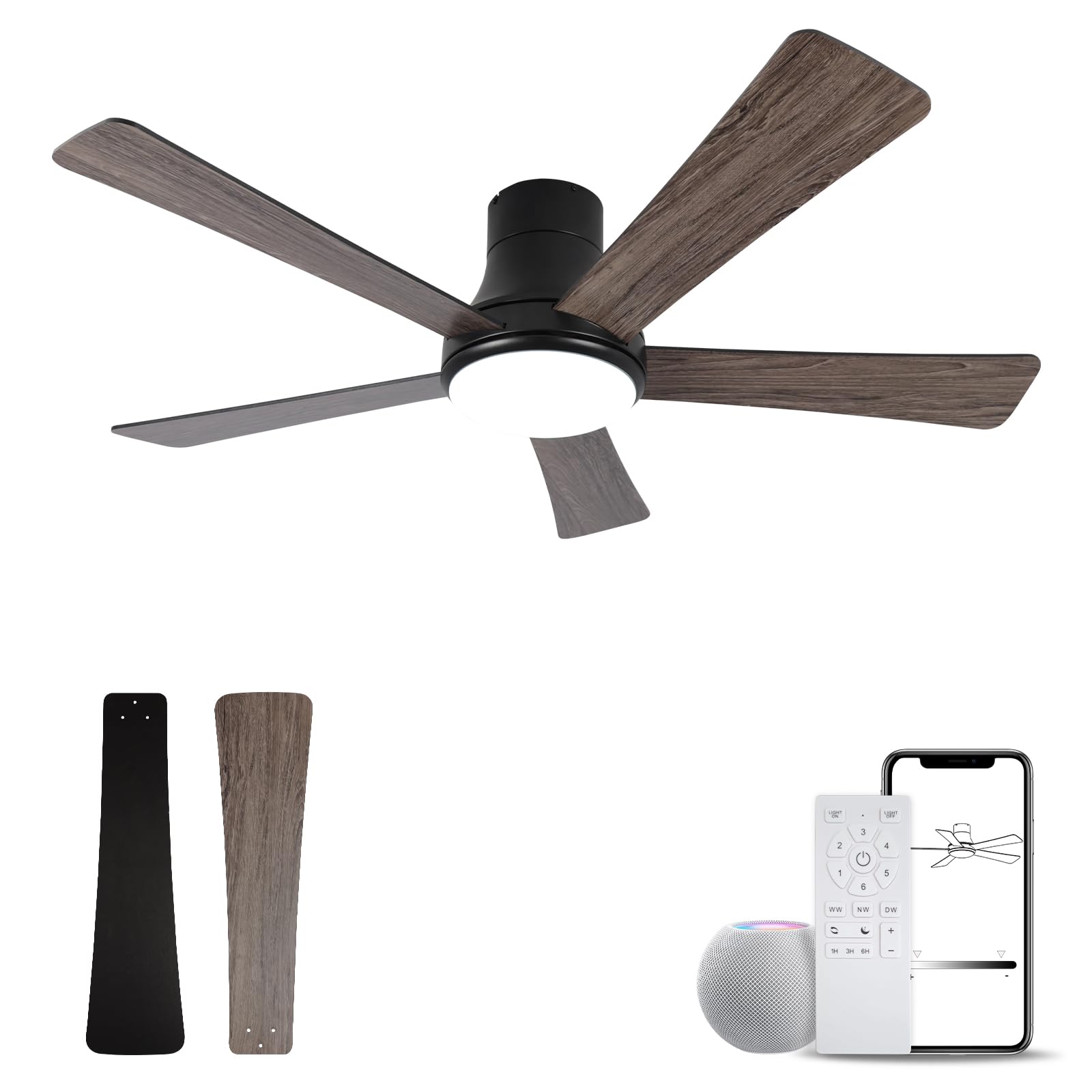 52 Inch Ceiling Fan with Light, Flush Mount Ceiling Fan with 5 Blades, Dimmable, Reversible Motor, 3-Colors Temperatures, 6 Speeds, Black Ceiling Fan with Remote for Bedroom