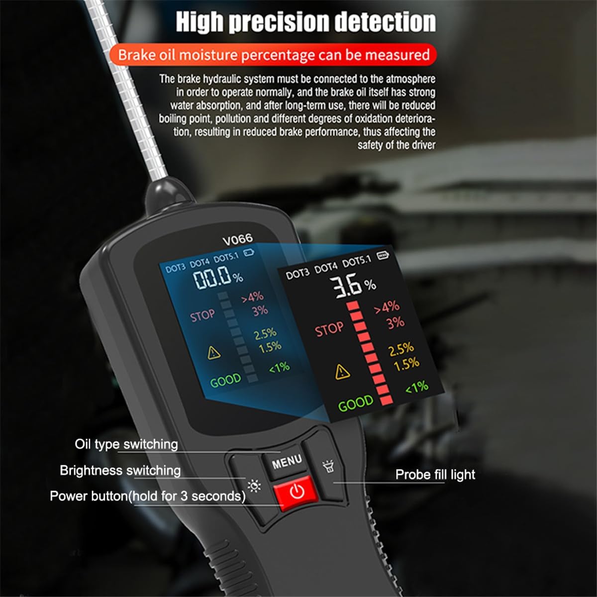 Strumento di rilevamento dell'olio dei freni Diagnosi del liquido dei freni automobilistico Tester del contenuto di umidità del freno Display digitale DOT3 DOT4 DOT5.1