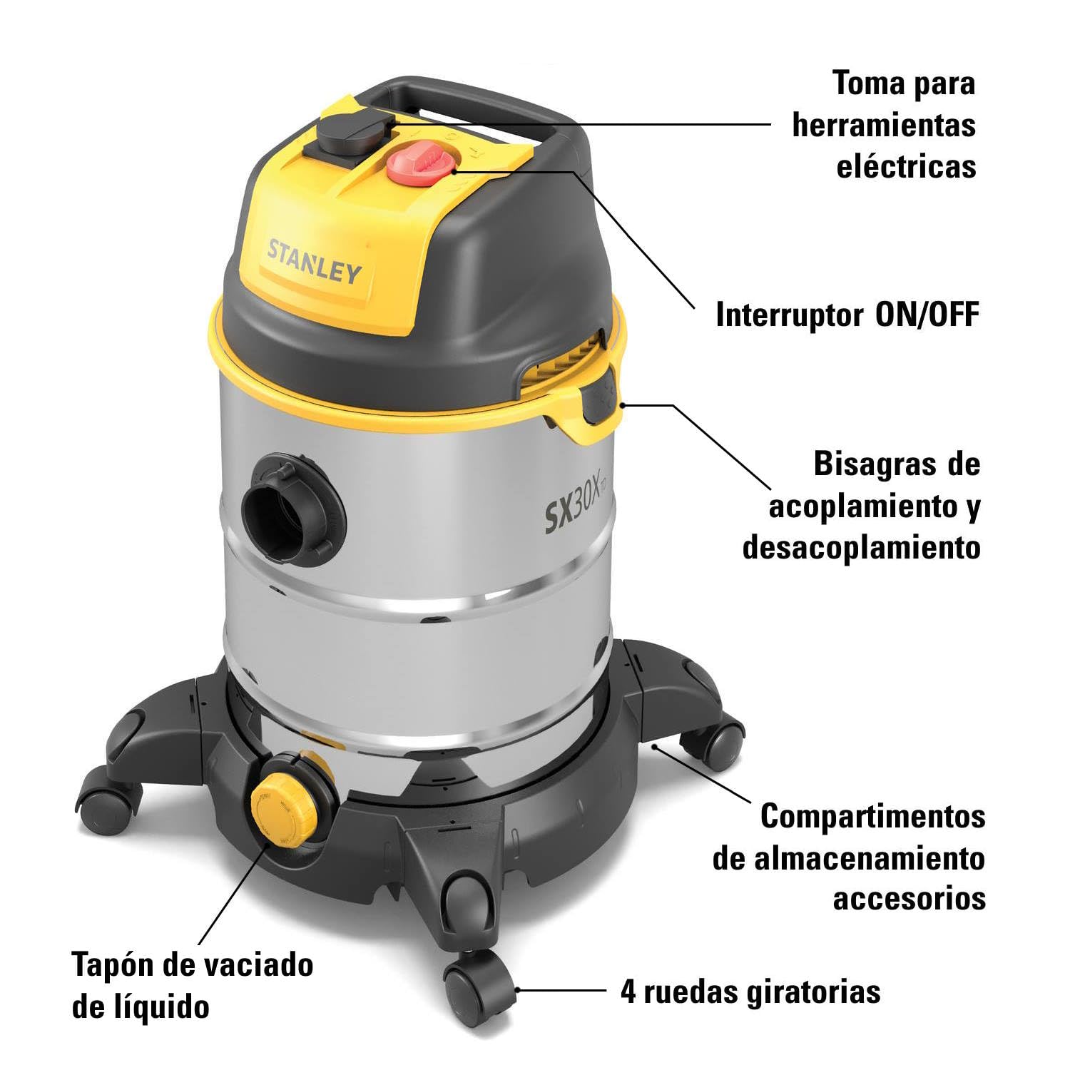 STANLEY Aspirador Multiuso SXVC30XTDE de sólidos y líquidos con Toma para Herramientas eléctricas integrada (1600 W, 30 L)