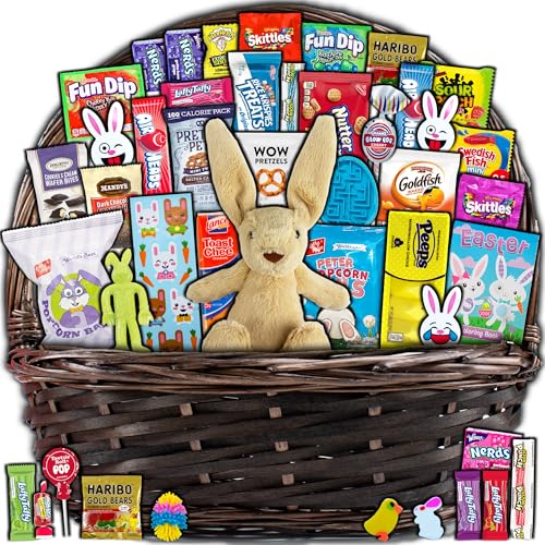 Product Image of the Brown Easter Basket for Kids and Adults (45ct) Already Filled Easter Gift Basket with Plush Easter Bunny, Candy, Snacks, and Treats - Boys, Girls, Grandchildren, Young Children, Toddlers, Men, Women