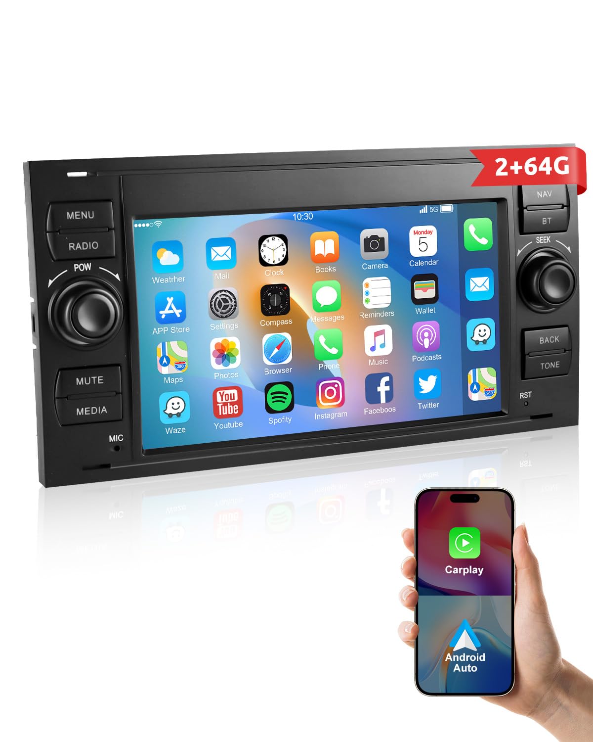 ESSGOO 2+64G Wireless Autoradio Android 14 Car Radio mit Carplay und Android Auto Für Ford Fiesta Galaxy Transit Connect MK7 Focus Fusion Kuga S/C-Max, 7 Zoll Touchscreen mit Bluetooth FM USB GPS