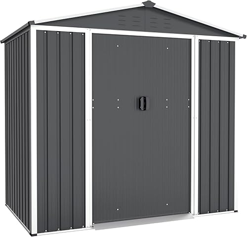 Oakmont Cobertizo de almacenamiento de jardín al aire libre de 4 x 6 pies, casa de herramientas de jardín con puertas correderas dobles, casa de