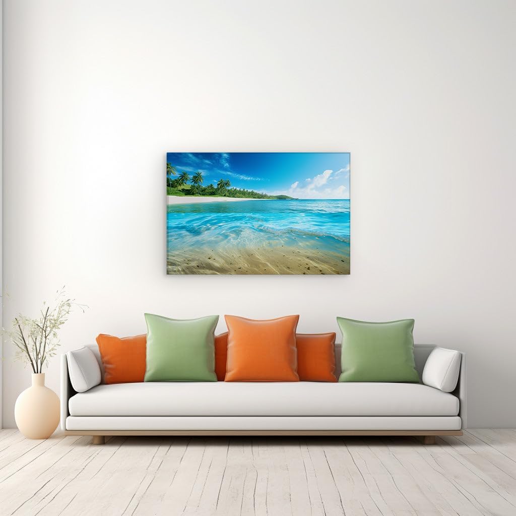 Canvas for Living room. Serenity by the Shore � A Mesmerizing Blend of Blue Seas, Pristine Sands, and Lush Palms, 27 x 18 inch Canvas Wall Art - Ready to Hang - 69x46 cm (27x18 inch)