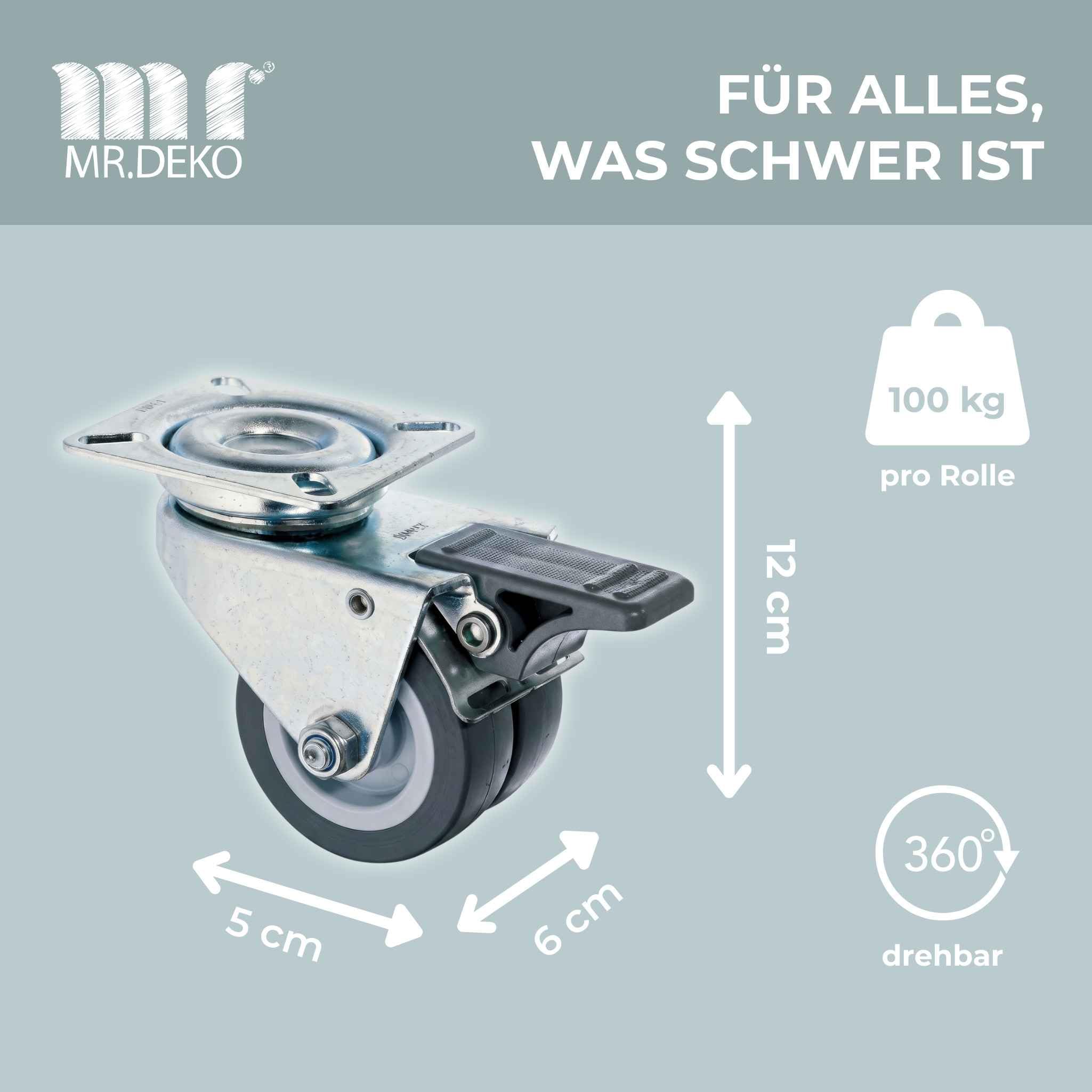 MR. DEKO Strandkorb-Rollen 6er Set mit Feststeller | Strandkorbrollen Ø52 mm Terrasse | Doppellenkrollen Schwerlast-Rollen 100kg | Gartenmöbel-Rollen Set 6 Stück Rostfrei