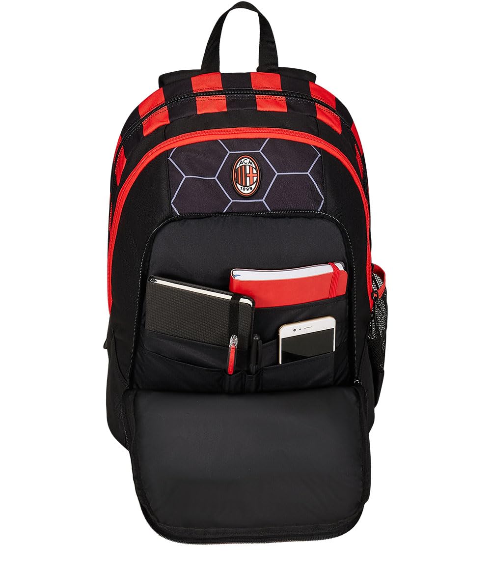 Zaino Scuola ADVANCED - A.C. MILAN Calcio - PATH OF VICTORY, Nero Rosso - Zaino Doppio Scomparto con Tasca Porta Borraccia - Zaino Scuola Bambino, Ragazzo
