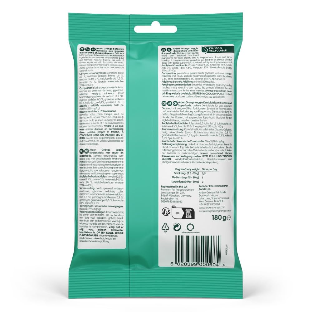 Arden Grange Bâtonnets dentaires à la menthe et aux superaliments 8 x 180 g – Sans céréales à mâcher avec huile de menthe, antioxydants et minéraux réduisant le tartre – Naturellement hypoallergénique
