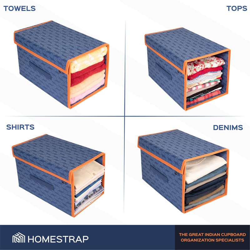 HomeStrap Set of 6 Printed Shirt Stacker Foldable Storage Organizer with Lid for Wardrobe | Almirah (Navy Blue with orange border) 4