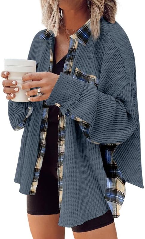 SHEWIN Womens Waffle Knit Plaid Shacket Boyfriend Button Down Shirt Jacket Loose Long Sleeve Tops