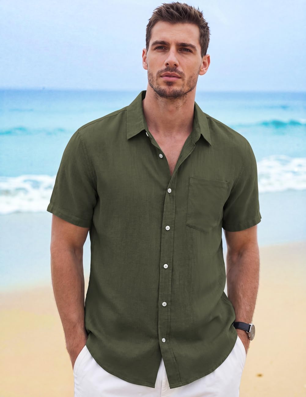 TARSE Men’s Linen Blend Untucked Button Down Shirt Short Sleeve Casual Breathable Beach Vacation Shirt