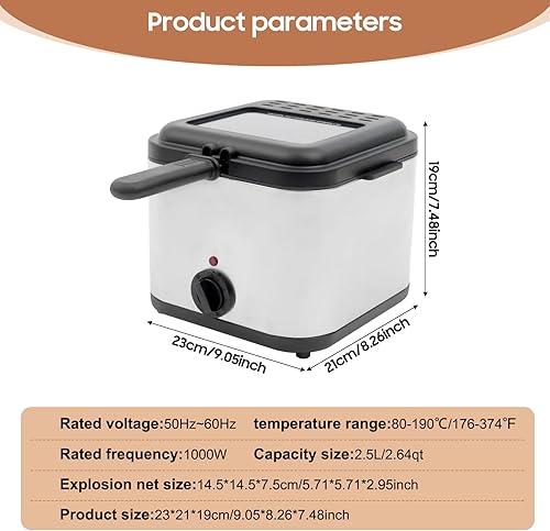 Miniatura 6 de Freidora eléctrica de acero inoxidable de 2.5 litros con canasta, Freidora Electrica Deaceite, tapa extraíble, temperatura ajustable con ventana de