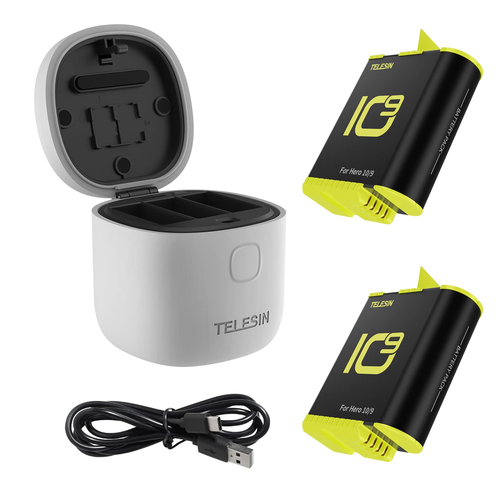 TELESIN 2-Pack Batteries and Allin Box Battery Charger Bundle for GoPro HERO11 HERO10 HERO9 with SD Card Reader Waterproof Storage Carry Case (HERO10/9)
