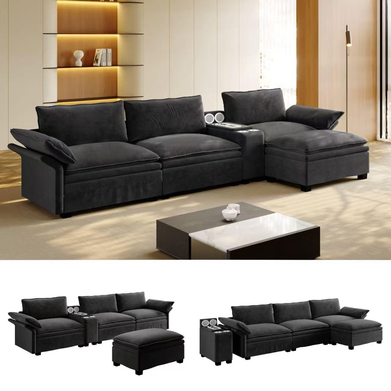 Sofá modular en L de 315 cm con otomano, chenilla Cloud sofá con espacio de almacenamiento, carga inalámbrica, altavoz Bluetooth, luz ambiental y 2 soportes para bebidas, 4 plazas para salón y oficina