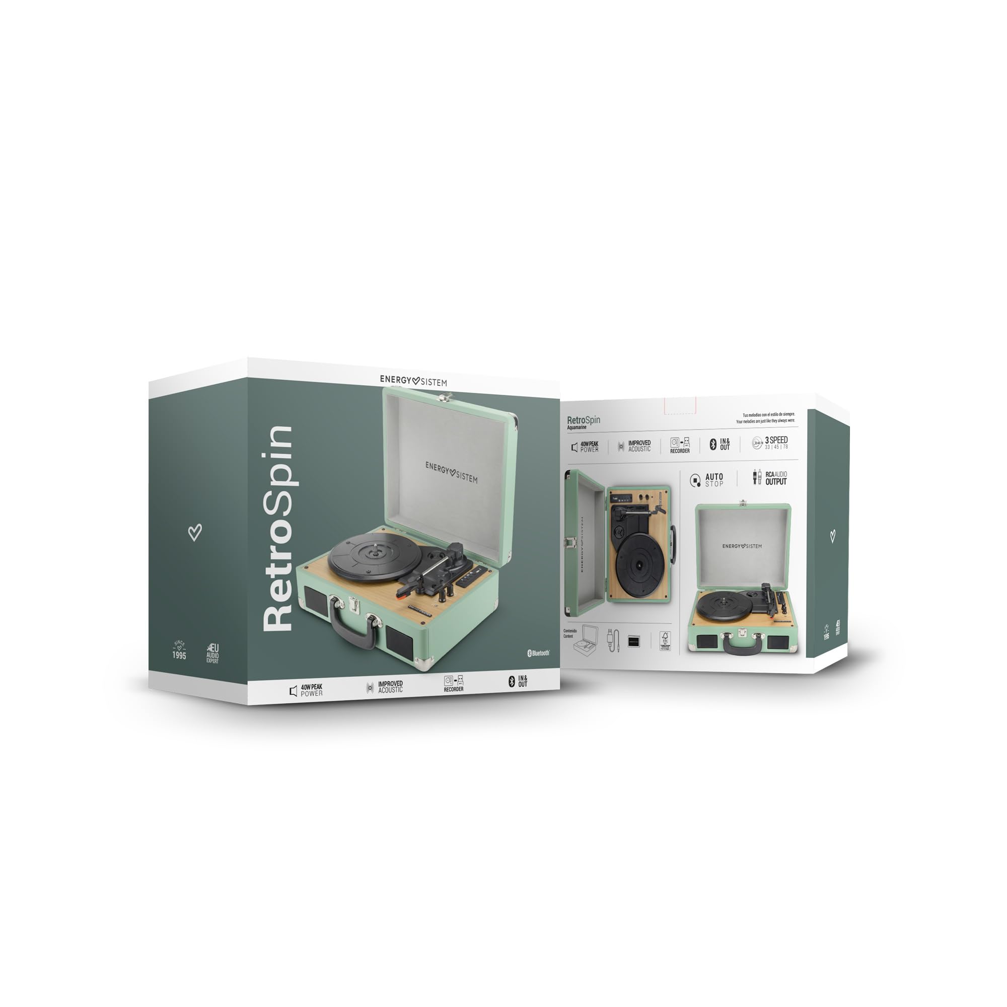 Energy Sistem Retrospin Gramofon z 40 W Peak Power, winyl, RCA, port USB i Bluetooth In/Out.