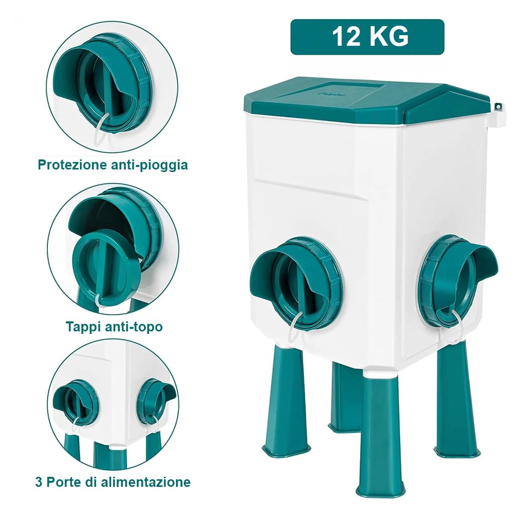 Easy Media Abbeveratoio 12 kg + Mangiatoia 11 L per Galline, Anatre, Oche, Polli, Pollame – sistema automatico, antispreco, con 4 Beverini e 3 Bocche di Alimentazione