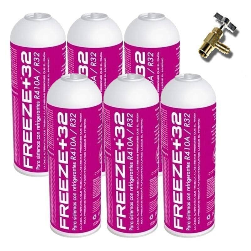 6 Botellas Gas Refrigerante Freeze Organico +32 350Gr + Valvula Alternativa R32, R410A