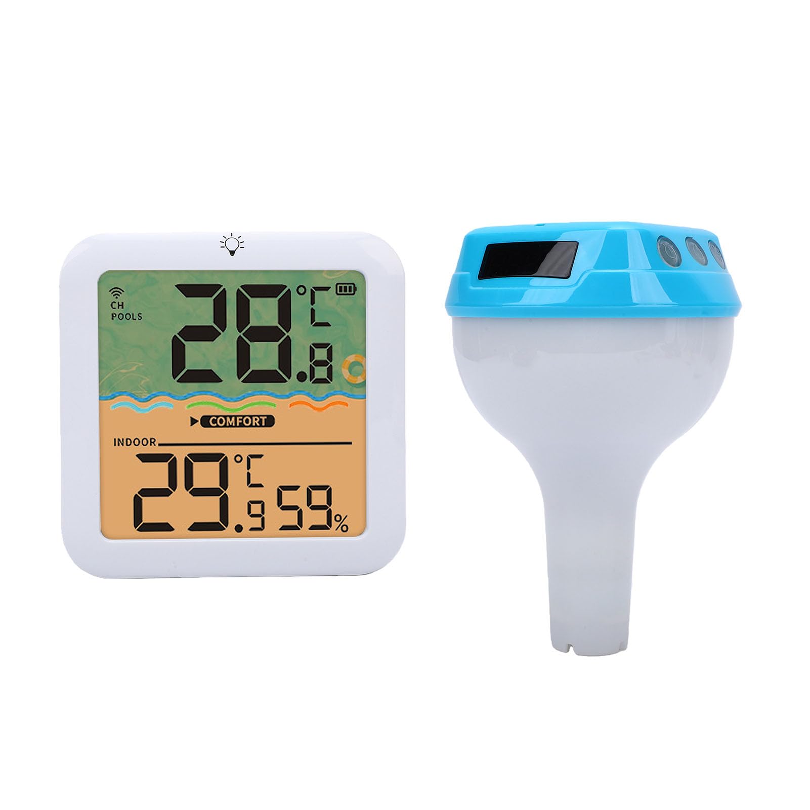 Diyeeni Termómetro Solar Digital para Piscina, Termómetro de Agua Flotante con Luz RGB con Energía Solar y Pantalla Digital Clara para Monitoreo de Humedad en Tiempo Real en Interiores y (azul marino)