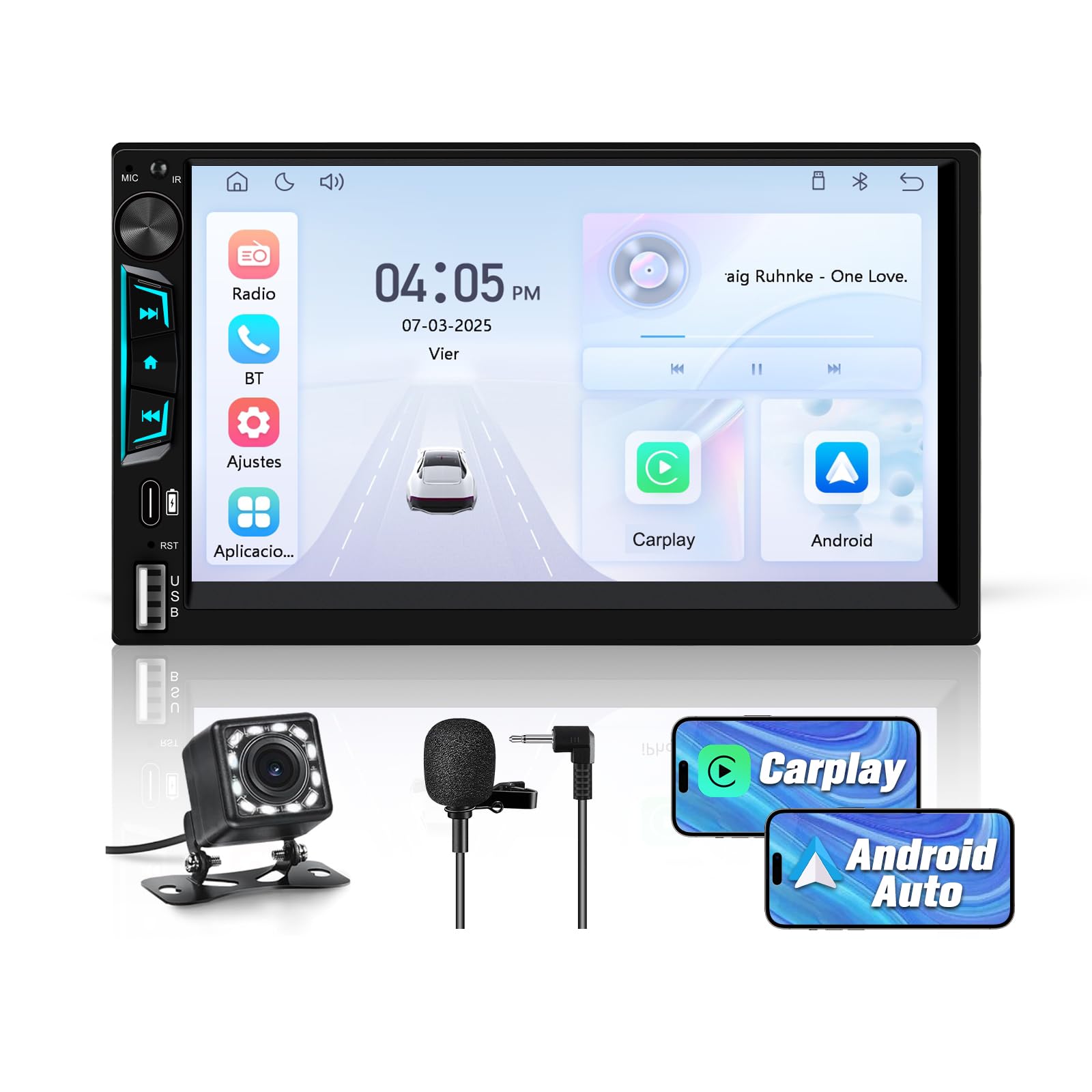 Universal 2 DIN Car Radio with Carplay and Android Wireless Auto, 2 DIN Car Radio with 7 Inch Touch Screen and Rear Camera, Supports Bluetooth/Steering Wheel Controls/FM/USB/Type-C