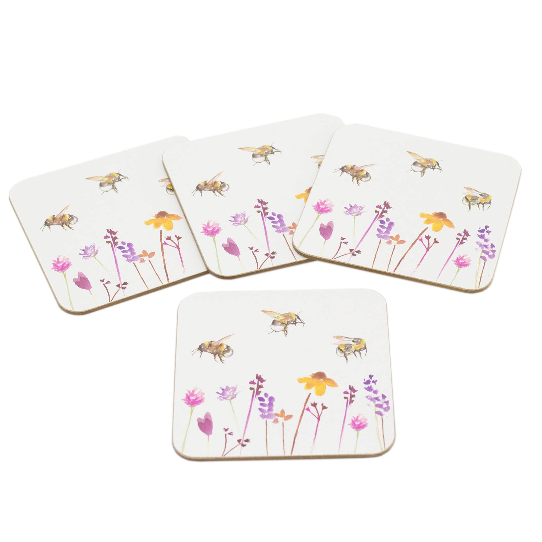 Carousel Home Yellow, Black, White Set Of 4 Busy Bees Floral Coasters | Honey Bee Square Coaster Set | Bumble Bee Cup Mug Table Mats, 10Cm