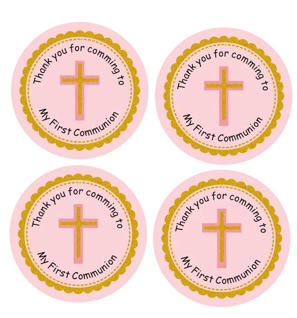 50 Pack of 2" Round Cross Thank You Stickers Labels Candy Sticker Labels for First Holy Communion Religious Party (Pink)