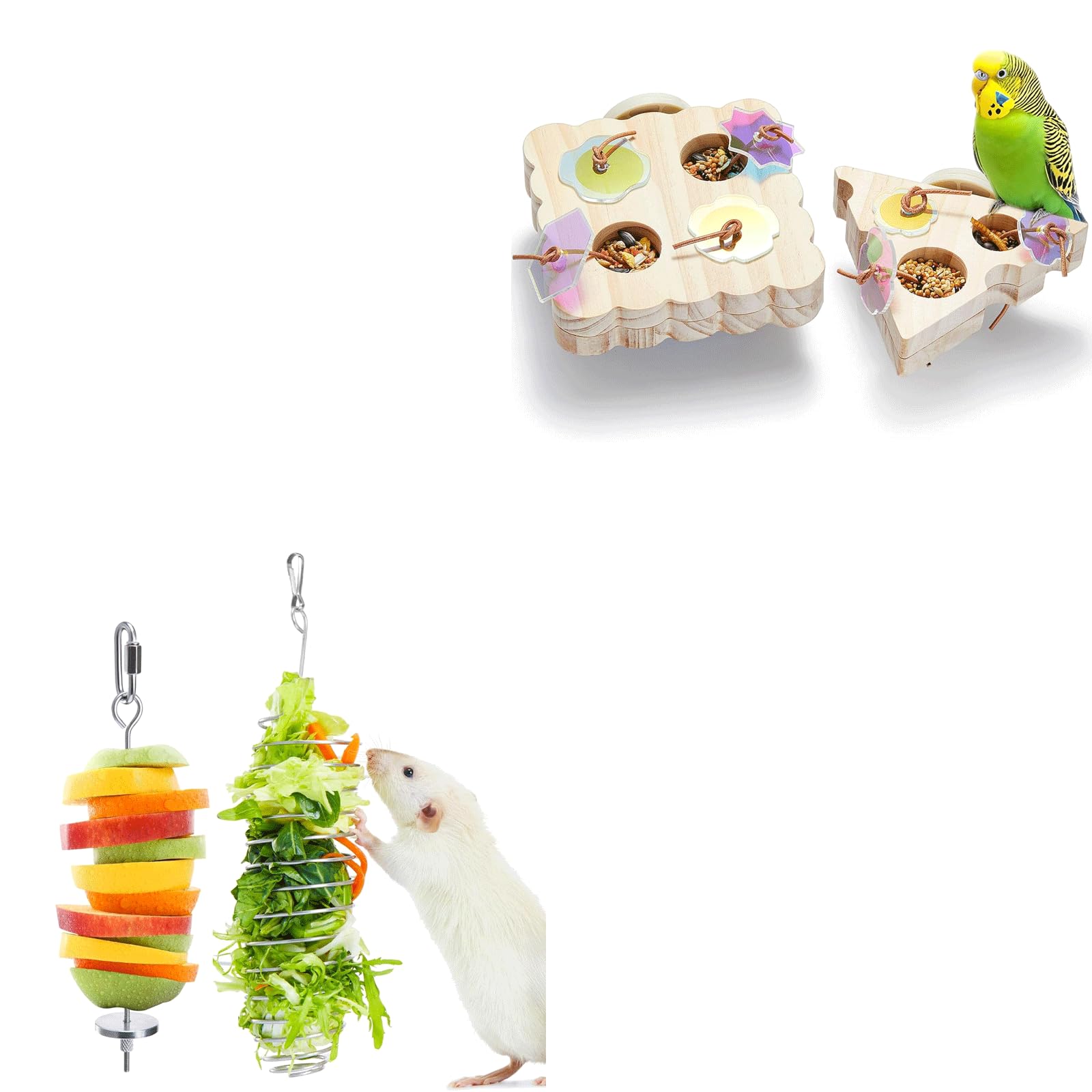 4-Piece Wooden & Stainless Steel Foraging Toy Set - Interactive Bird and Rat Enrichment Puzzles for Parakeets, Conures and Small Rodents