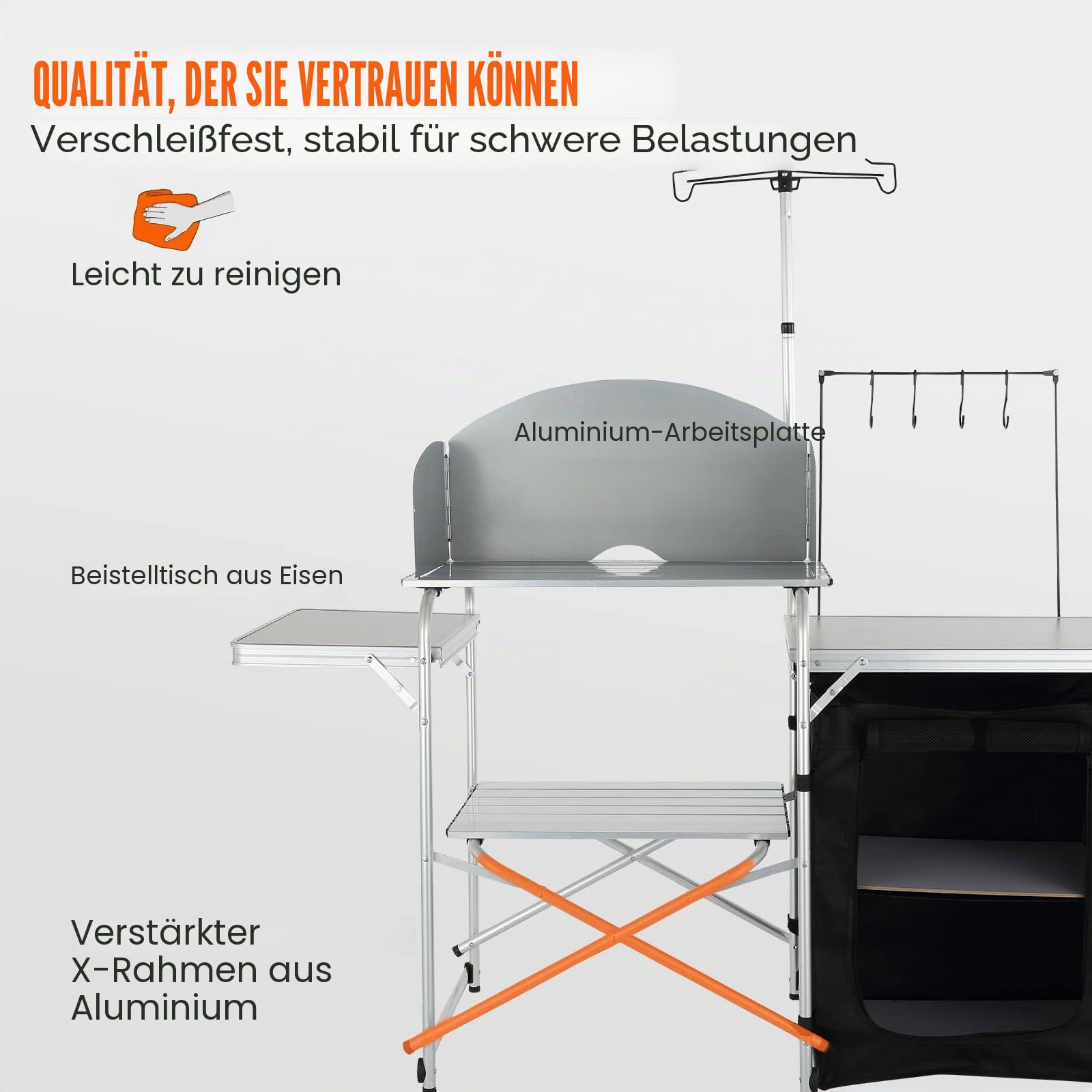 VEVOR Campingküche Outdoor Faltbar 78 x 49 x 13 cm, Alu Campingschrank, Camping Küche mit Windschutz, Campingmöbel Reiseküche inkl. Haken & Lampenmast 66-121 cm, Küchenschrank Campingtisch Reisen