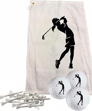 Personalized Golf Towel Set, 16 x 26 Inch Lady Towel Gift Set for Women with 3 Custom Balls and 15 Wooden Tees, Golf Accessories for Women, Black, Gift Ready Packaging