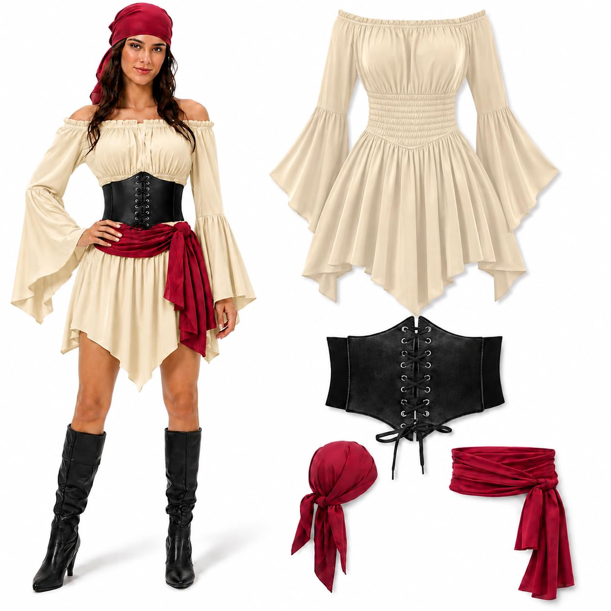 Pirate Costume Women Fancy Dress For Adults Halloween Costumes 4 PCS Fashion Outfits Plus Size Medieval Dress Outfits Clothing for Cosplay