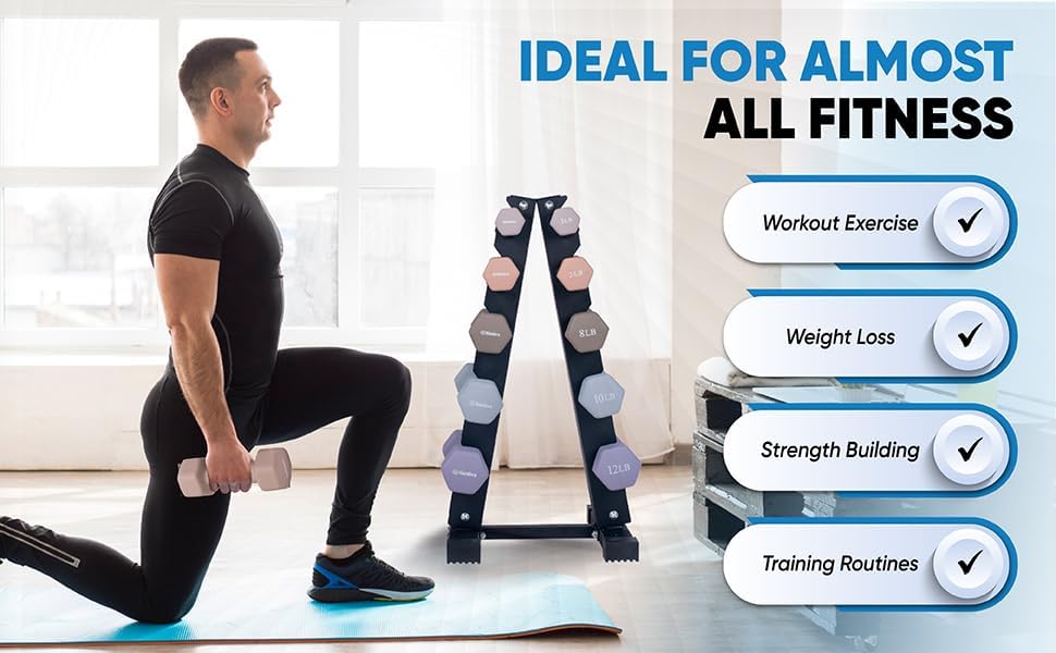 Miniatura 4 de Juego de mancuernas con estante, pesas recubiertas de neopreno, pares de mancuernas hexagonales con código de color, 1 a 20 libras