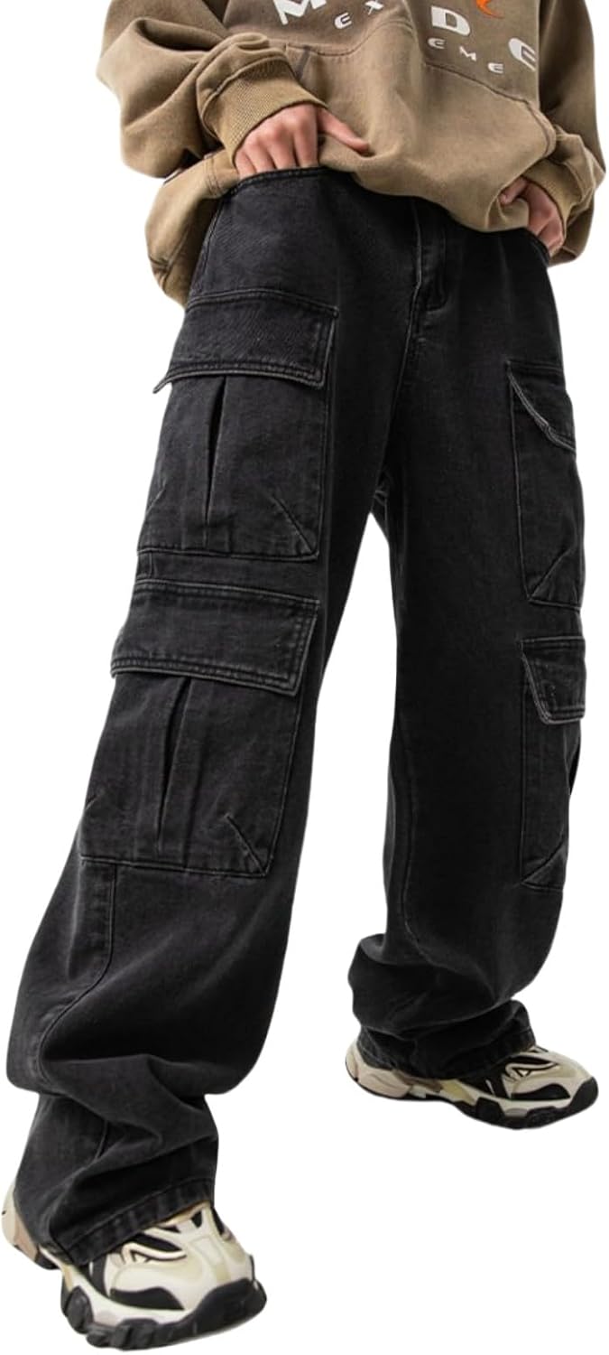 Mens Baggy Jeans for Men Women Y2k Skater Vintage Plain Pants Multiple Pockets Casual Wide Leg Loose Fit Cargo Denim Jeans