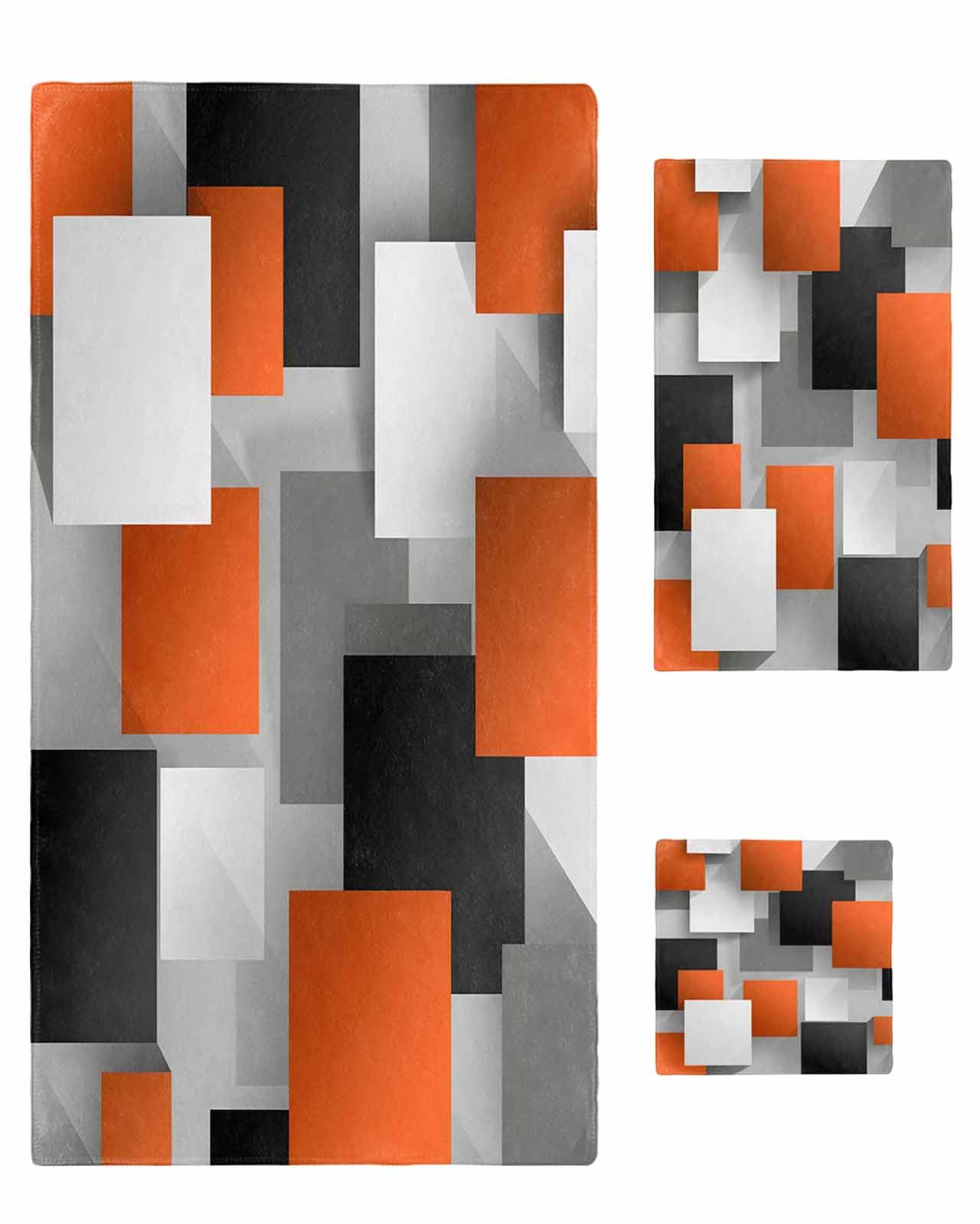 Orange Black Grey Bath Towels Set of 3 with Bath Towel Hand Towel Washcloth, Modern Middle Century Geometric Abstract Art Towel Sets for Bathroom/