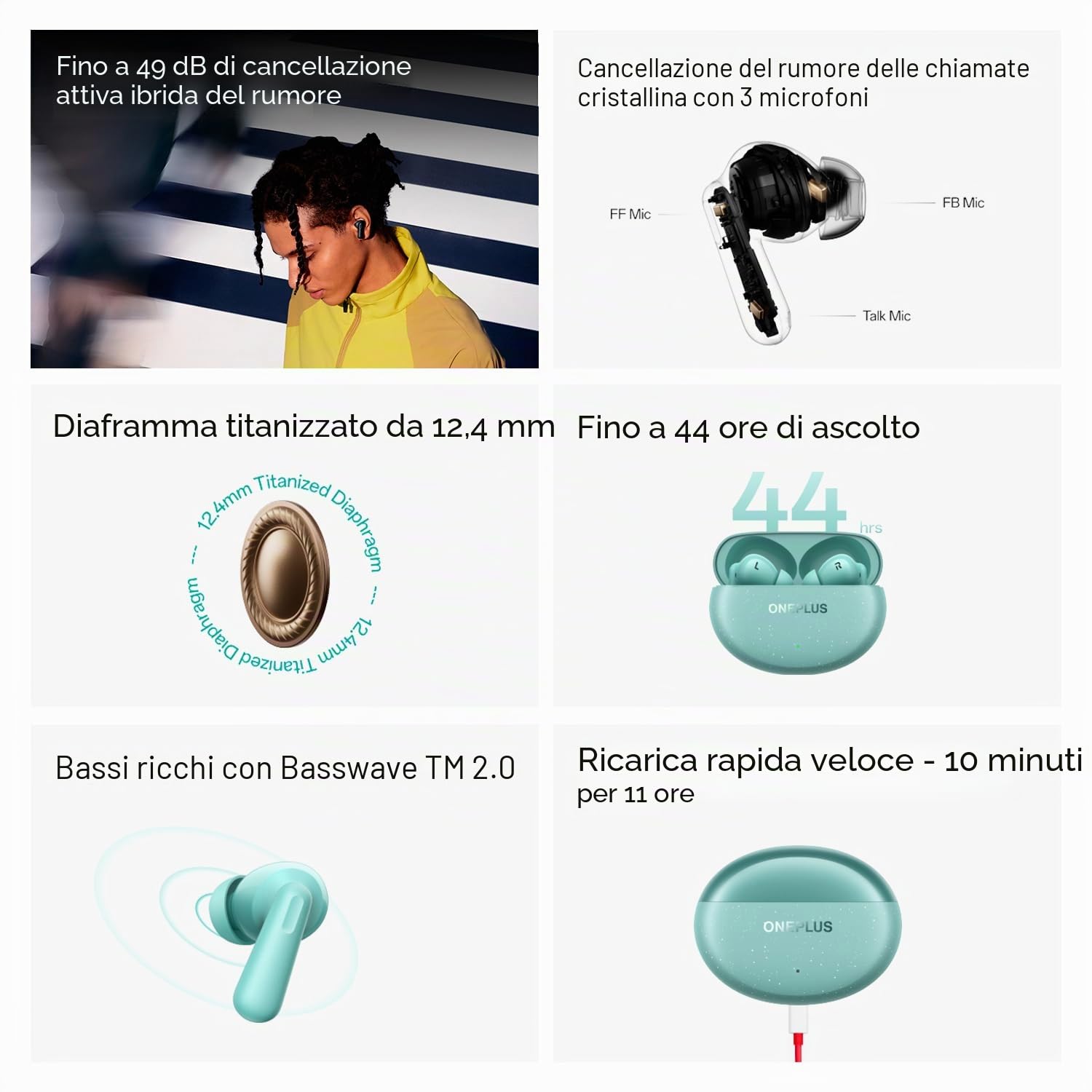ONEPLUS Nord Buds 3 Pro - Auricolari Bluetooth wireless con cancellazione attiva del rumore fino a 49 dB, driver dinamici da 12,4 mm, 10 minuti per 11 ore di ricarica rapida fino a 44 ore