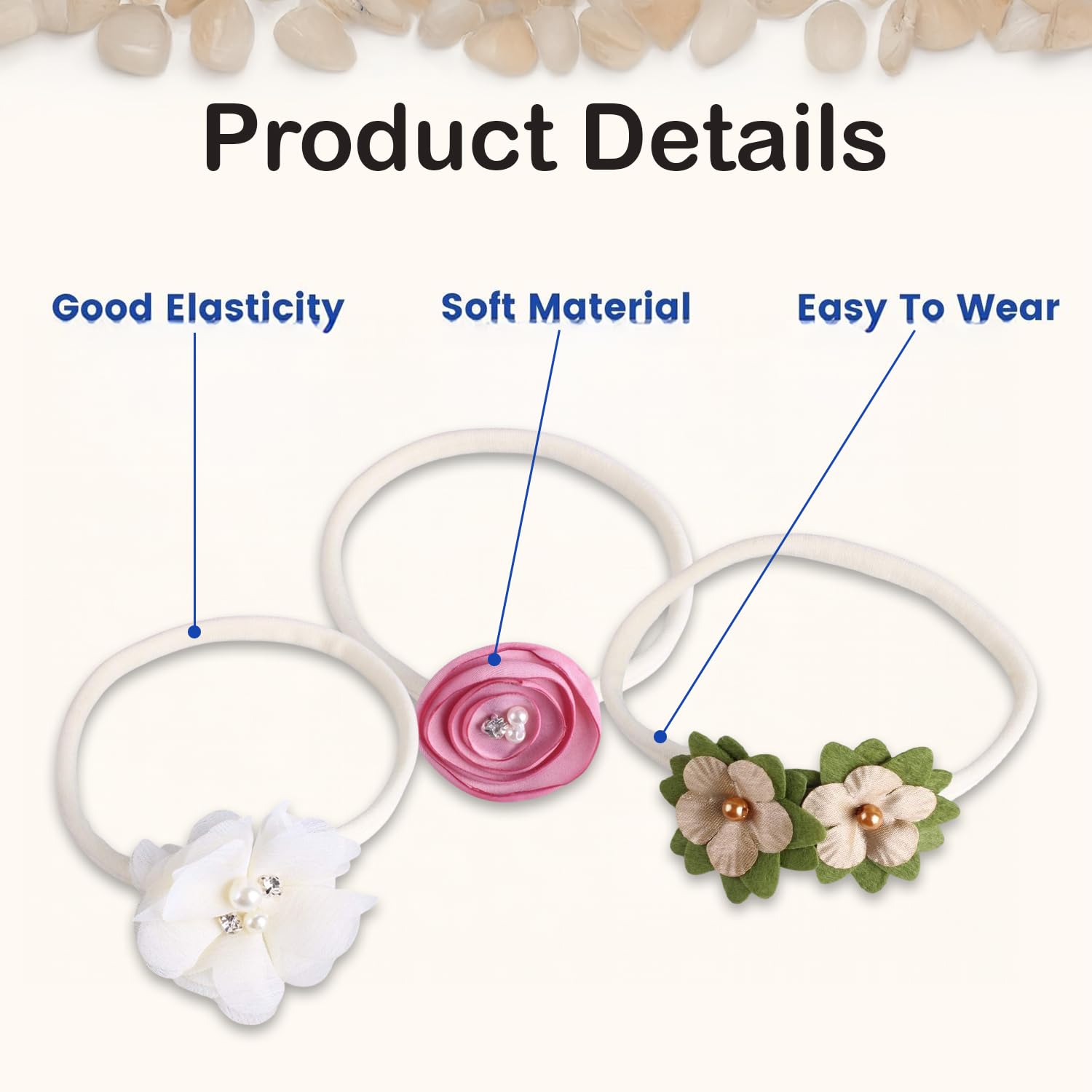 SYGA 3 Pack Baby Girl Headbands – Soft Stretchable Nylon Flower Comfortable Elastic Hairbands for Newborns, Infants & Toddlers 0-3 Years (Off-White) 2