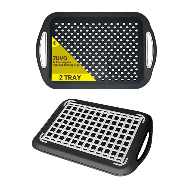Zuvo Anti-Slip Food Serving Tray with Handles (Set of 2) – BPA-Free Plastic, Lightweight & Durable – Non-Slip couch Trays for Eating & Drinks (Grey)