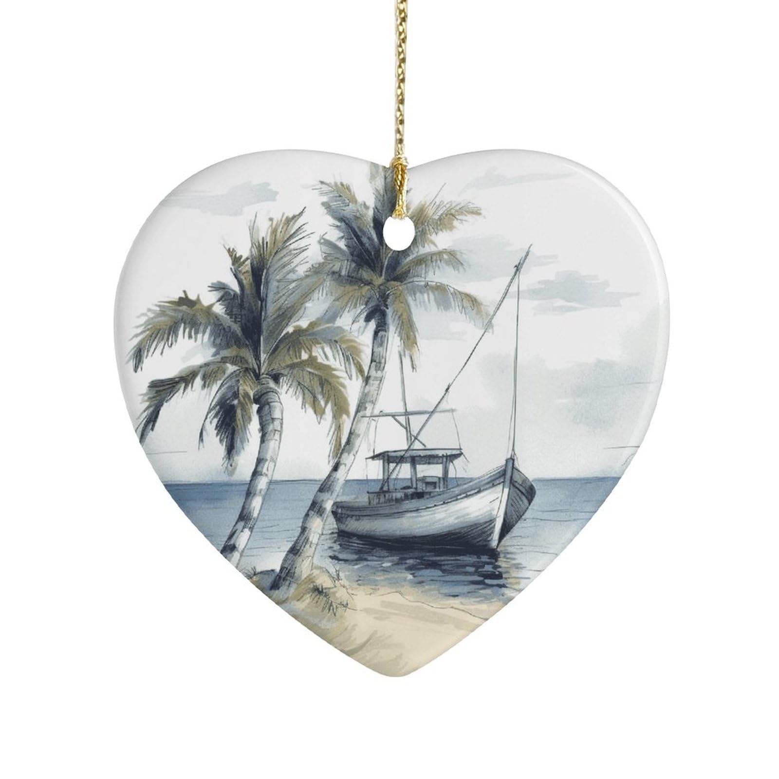 Fekiloot Style Palm Trees Fishing Boat Ceramic Ornament Home Decor Keepsake