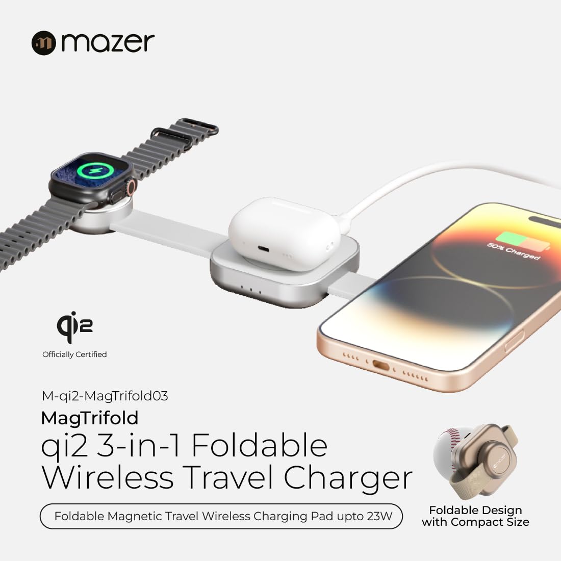 Mazer MAGTRIFOLD03 3-in-1 Wireless Charger, PD23W + 15W, with USB