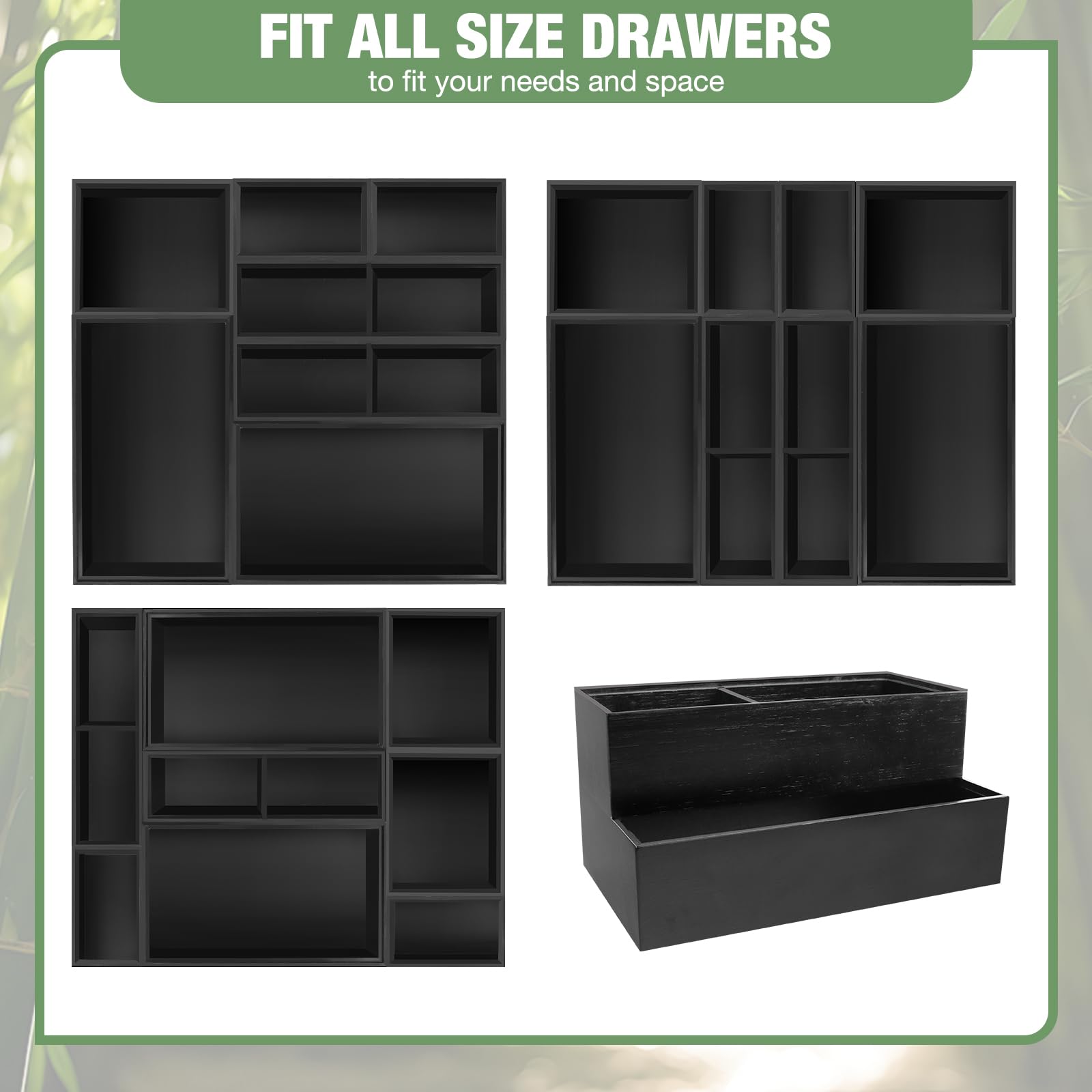 Juego de organizador de cajones de bambú, 8 cajas de almacenamiento de cajones de madera multiusos, cubos divisores organizadores de cajones de basura para cocina, baño, escritorio de oficina, 4