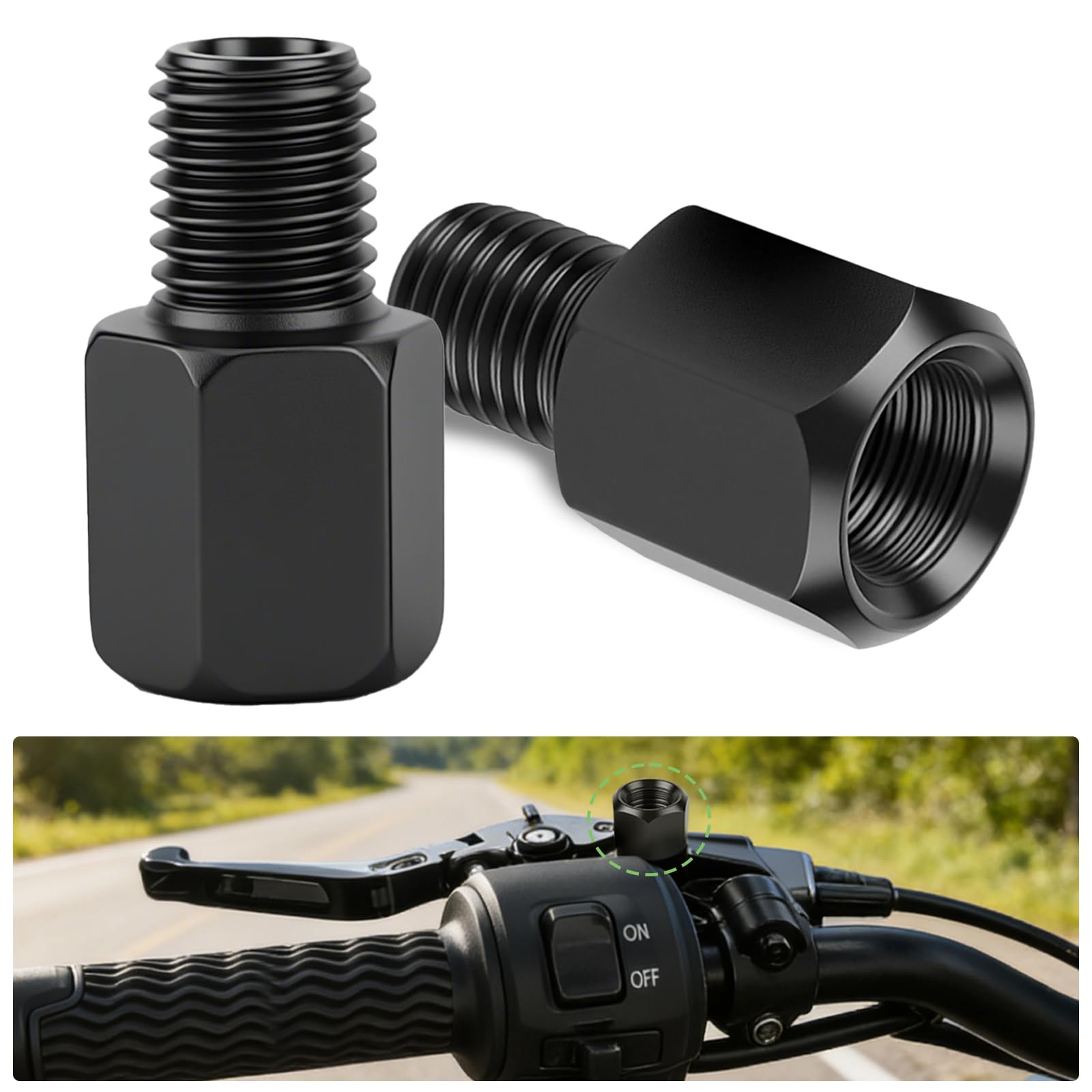 1 Pair Motorcycle Mirror Adapter M8 RH Female to M10 (RH+LH) Male Screws