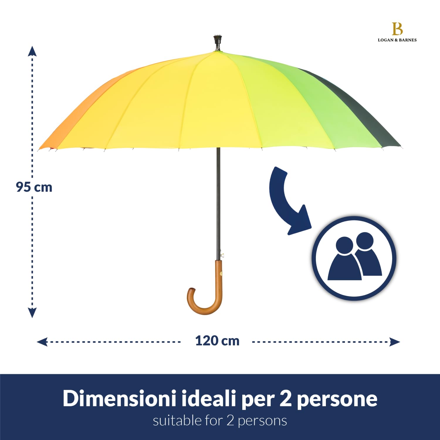 LOGAN & BARNES Ombrello da pioggia antivento Ø120 cm con impugnatura in vero legno di alta qualità e puntale in gomma silenzioso – Ombrello XXL grande con 16 stecche – Modello EDINBURGH