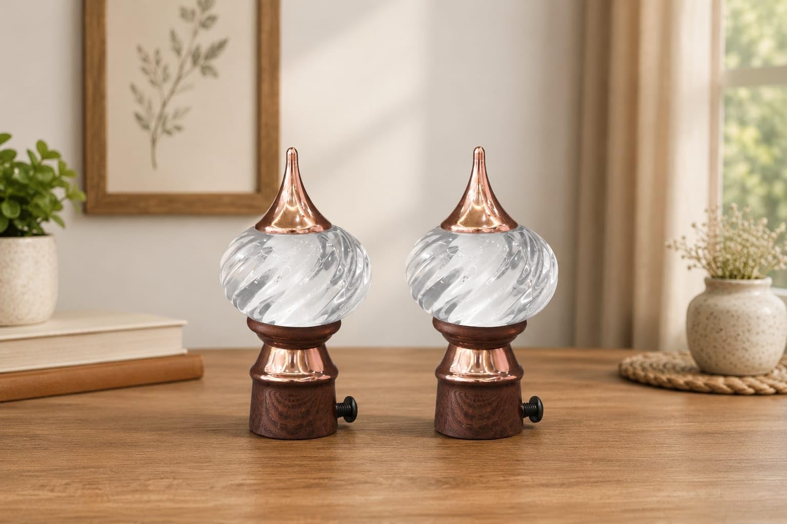 Curtain Rod Finials with Swirl Glass Ball and Copper Finish, Set of 2 | Decorative End Caps, Wood Base, Screw-On Fitting, Clear Glass Orb, Window Decor-image-47