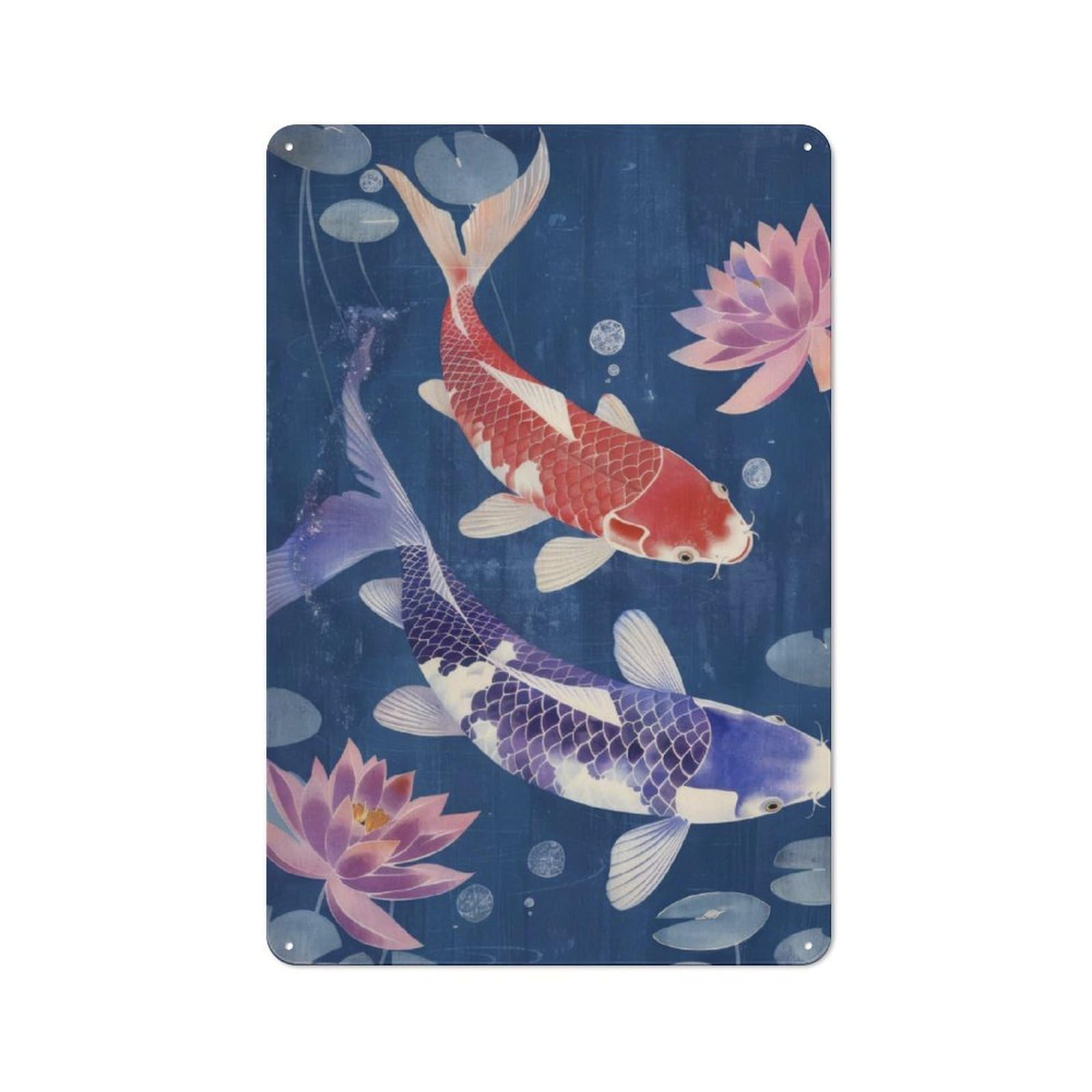 Junmoney Koi Fish Japan Painting Metal Wall Sign With Design 30X20cm, Weathered Look Workshop Wall Decor For Garage, Hobby Room, Office Or Man Cave