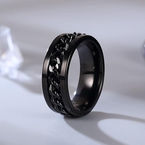 Miniatura 4 de Adreamz 8mm Black Blue Stainless Steel Spinner Anxiety Ring for Men Women Brushed Mens Anxiety Relieving Fidget Rings ChainGreek KeyViking RunesGear