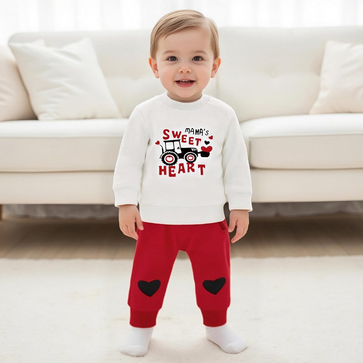 Valentines Baby Boy Outfit Infant Toddler Boys Tractor Heart Sweatshirt Top Pants Valentine Day Clothes Set - Image 2