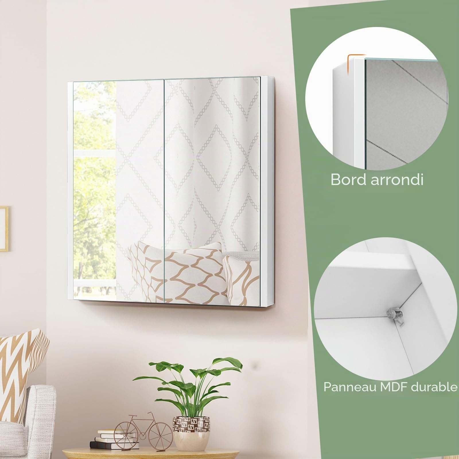 LIFEZEAL Armoire avec Miroir de Salle de Bain, Armoire Murale avec 2 Portes et 2 Étagères, Meuble WC Suspendu, 62 x 11,3 x 65 cm, pour Salle de Bain, Chambre à Coucher (Blanc)