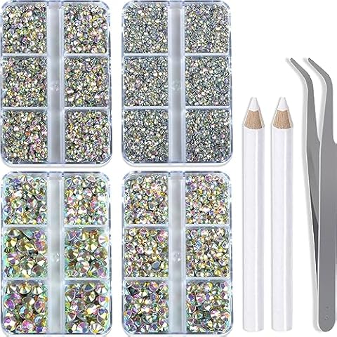QOGIR 10000 Pieces 5 Mixed Size Clear AB Hotfix Rhinestones for Crafts Clothes Nail Art with Tweezers and Picking Rhinestones Pencil Cover